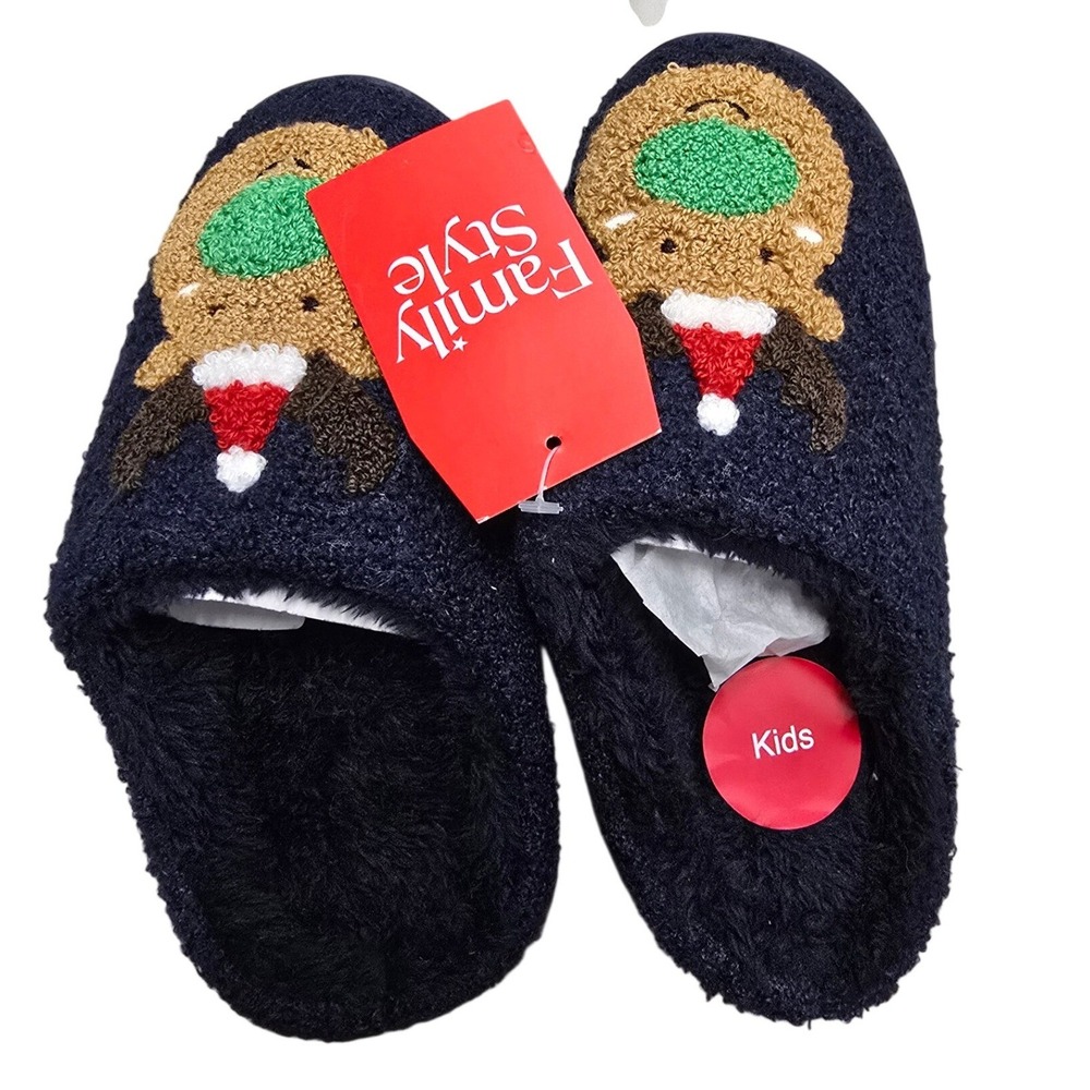 Family PJs Kids Reindeer Christmas Slippers Navy Blue Sherpa S 4-5 NWT